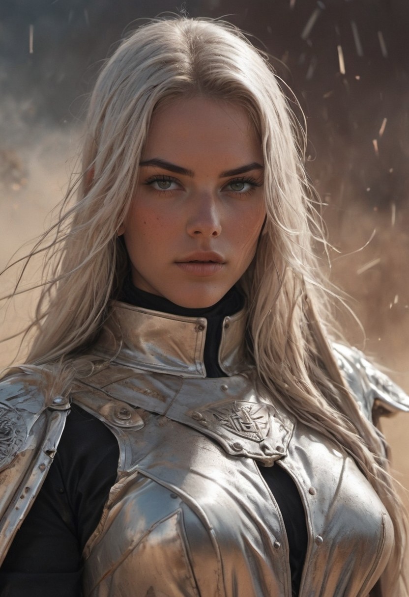 lith_argenta_pressPH1, closeup portrait, assassinkahb style, amazing quality, masterpiece, best quality, hyper detailed, ultra detailed, UHD, dof, hyper-realism, majestic, awesome, inspiring, A gritty Grindhouse film still inspired by "Death Proof": A muscular, athletic woman with shiny silver metallic finish Face stands in the wind of a dusty desert in front of a vintage diner with LED lighting. Her torn metal print t-shirt and nun's habit flap in the breeze. She holds an old, impressively large weapon in her hand, exuding a laid-back yet dangerous vibe. The photo features faded colors, with a limited palette of gray, beige, and washed-out orange, capturing her cool, striking appearance.. cinematic composition, soft shadows, national geographic style,