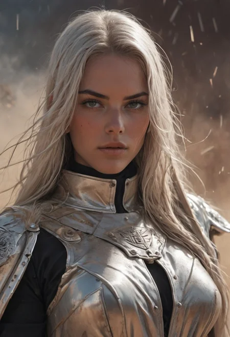 lith_argenta_pressPH1, closeup portrait, assassinkahb style, amazing quality, masterpiece, best quality, hyper detailed, ultra detailed, UHD, dof, hyper-realism, majestic, awesome, inspiring, A gritty Grindhouse film still inspired by "Death Proof": A muscular, athletic woman with shiny silver metallic finish Face stands in the wind of a dusty desert in front of a vintage diner with LED lighting. Her torn metal print t-shirt and nun's habit flap in the breeze. She holds an old, impressively large weapon in her hand, exuding a laid-back yet dangerous vibe. The photo features faded colors, with a limited palette of gray, beige, and washed-out orange, capturing her cool, striking appearance.. cinematic composition, soft shadows, national geographic style,