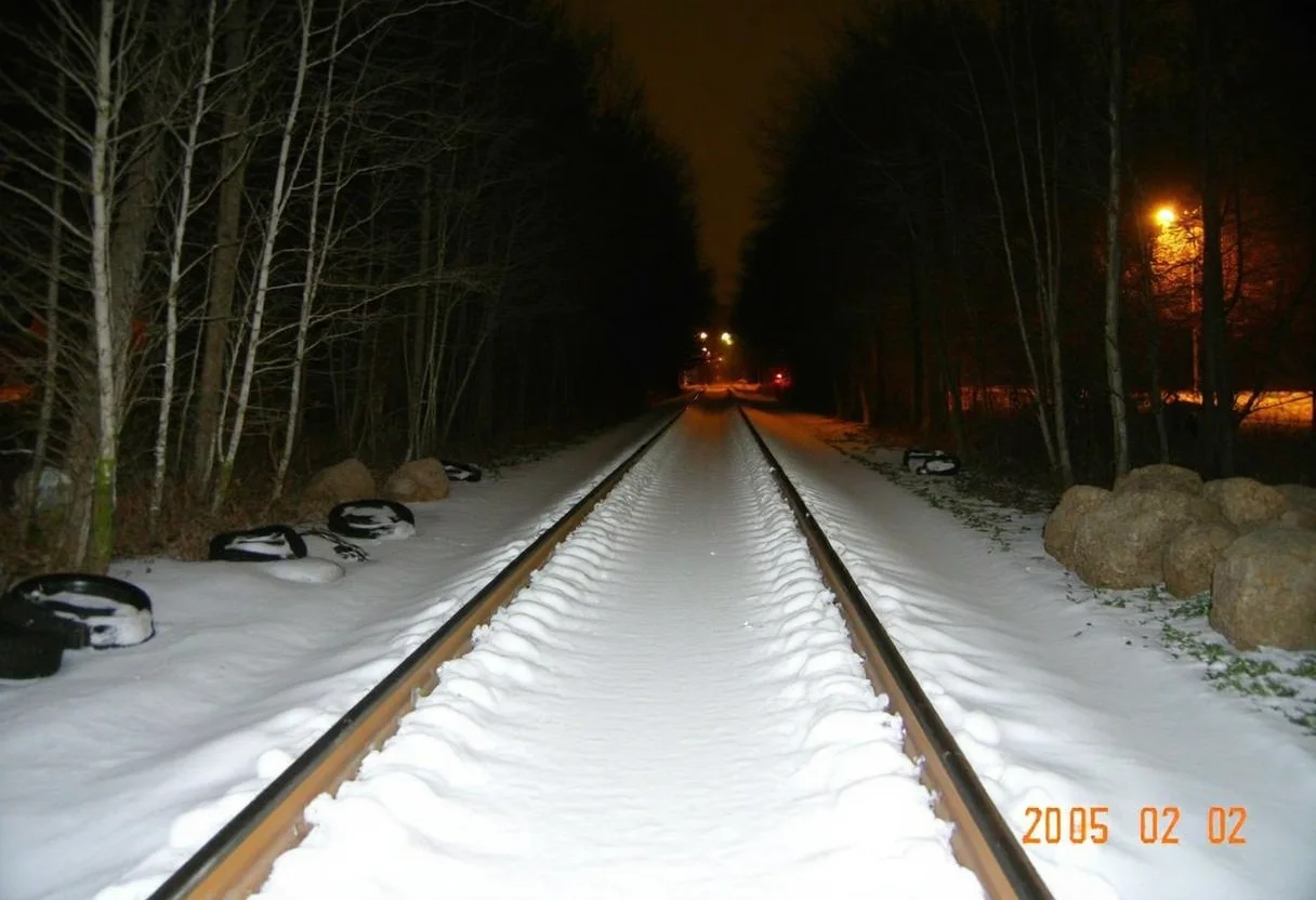 Snow-covered train tracks, barren landscape, leafless trees on both sides, scattered debris including tires to the left, darkness surrounds with sparse lighting from distant streetlights, wintry night, orange timestamp 2005/02/02 in the lower right corner, cold atmosphere, amateur quality, slight blur in the foreground.,