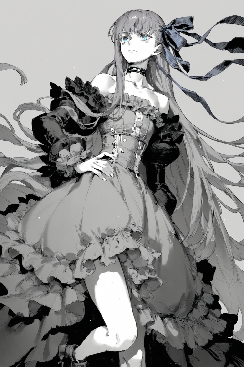score_9, score_8_up, score_7_up, meltryllis \(fate\), bare shoulders, blue eyes, blue ribbon, choker, frills, hair ribbon, long hair, puffy sleeves, purple hair, ribbon, solo, solo focus, portrait, , , Standing with one leg bent, hand on hip., <lora:godiva_grey:1>, (monochrome:1.5), (greyscale:1.5)