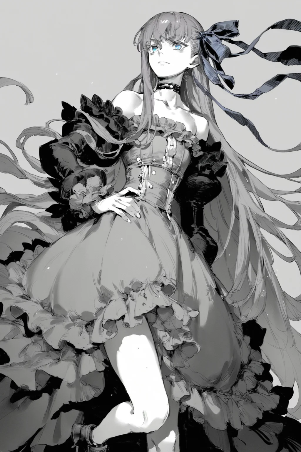 score_9, score_8_up, score_7_up, meltryllis \(fate\), bare shoulders, blue eyes, blue ribbon, choker, frills, hair ribbon, long hair, puffy sleeves, purple hair, ribbon, solo, solo focus, portrait, , , Standing with one leg bent, hand on hip., <lora:godiva_grey:1>, (monochrome:1.5), (greyscale:1.5)