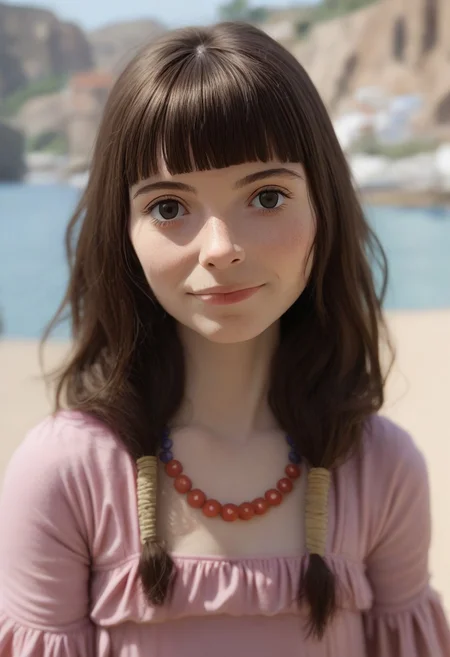 score_9, score_8_up, score_7_up, masterpiece 
BREAK 
1girl, (ctiansay0:1.2), pink dress, necklace, fringe 
BREAK 
looking at viewer, blurred background, Manic Pixie, Pretty Face, seductive, (cute smile:0.6), FOV medium shot