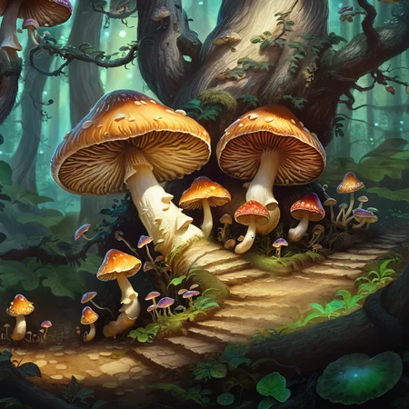 close-up of mushroom in a magical forest, fantasy, rpg, rpgartworkstyle, artwork, detailed, <lora:RpgArtworkStyle_v1:0.9>
