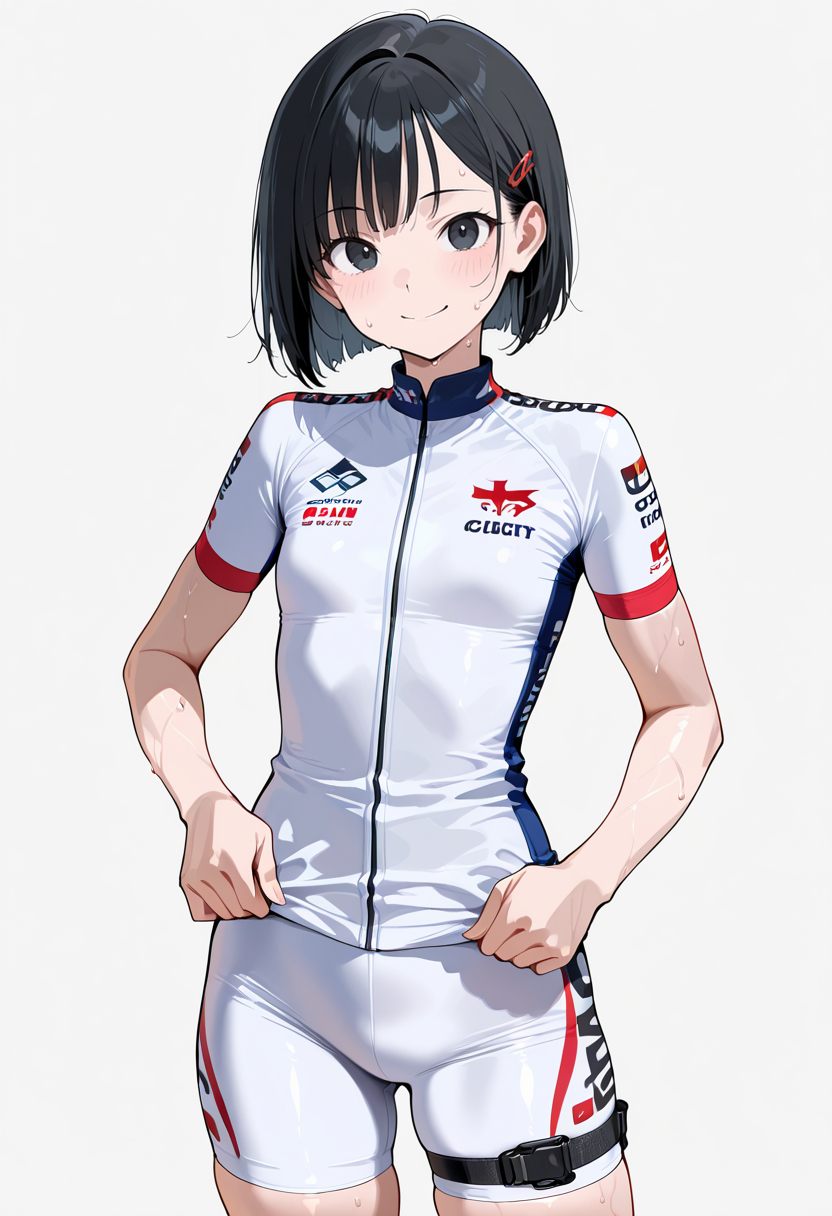 masterpiece, best quality, amazing quality, simple background,((outlined outlined vector graphics)),  simple background,  white background,
1girl, solo, female focus ,20yo, black hair, black eyes, short bob hair, hair pin,small breast, slender,(white thigh strap:1.1),  looking at viewer ,smile, happy, sweat,,cowboy shot,cycling wear, cycling-wear, cute face , short sleeves  <lora:cycling-wear-il-01:0.7>