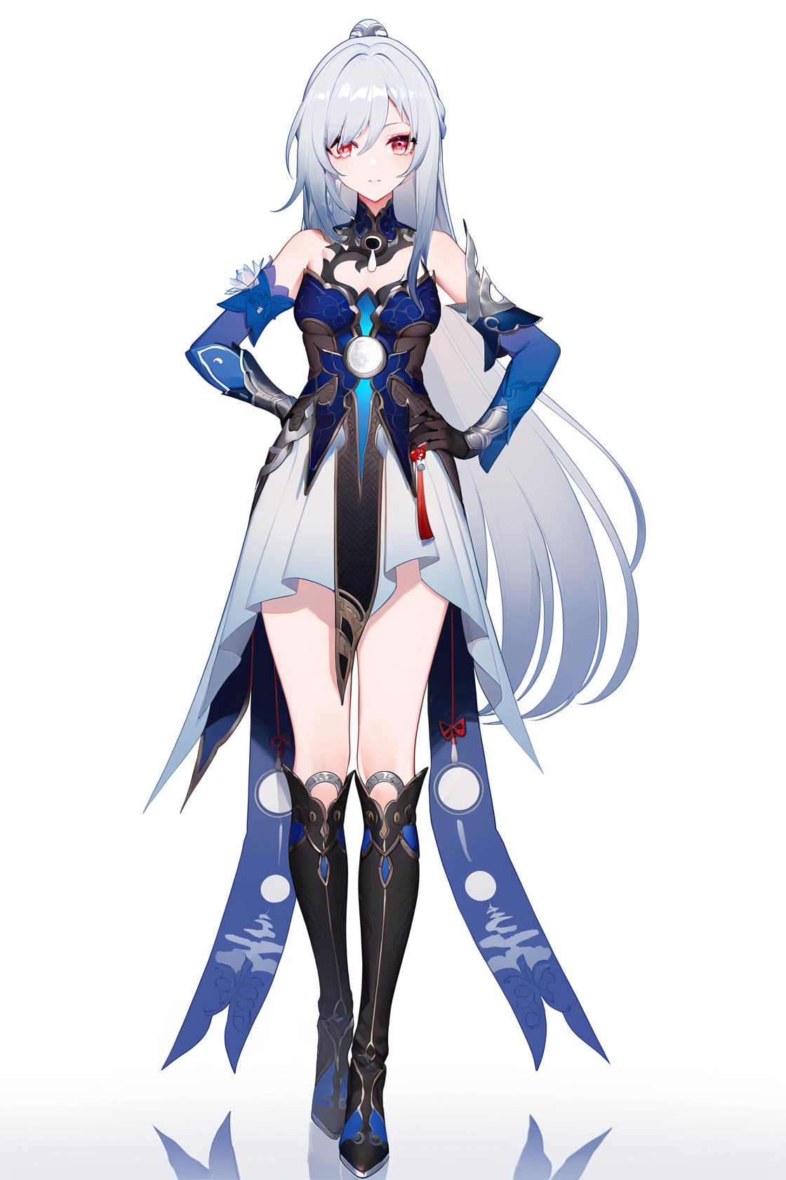 8k, best quality, masterpiece, (ultra-detailed), (high detailed skin), (by nanoless, by misumi \(macaroni\):0.25), 
full body, full shot, standing, looking at viewer, (solo:1.2), simple background, white background, hand on own hip, solo, 
<lora:jingliu-atw2-Tanger:0.7>, jinliu, default clothes, silver hair, blue and white chinese  dress, 1girl,    red eyes,  long hair, boots,  black gloves, bangs, bare shoulders, ponytail, black footwear, 
A full-body portrait of a young girl, standing gracefully, pastel art style, high-key lighting, shoujo manga influence, hd quality, delicate details,