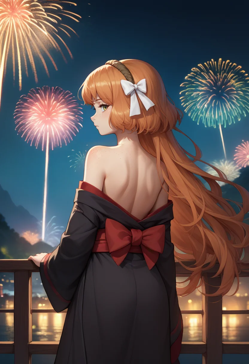 score_9, score_8_up, score_7_up, source_anime, from behind, solo, 1girl, ishmael, freckles, expressionless, looking back, long hair, hair bow, white bow, brown hairband, black kimono, off shoulder, red sash, bare shoulders, fireworks <lora:limbuscompany_ishmael_ponyXL:1>