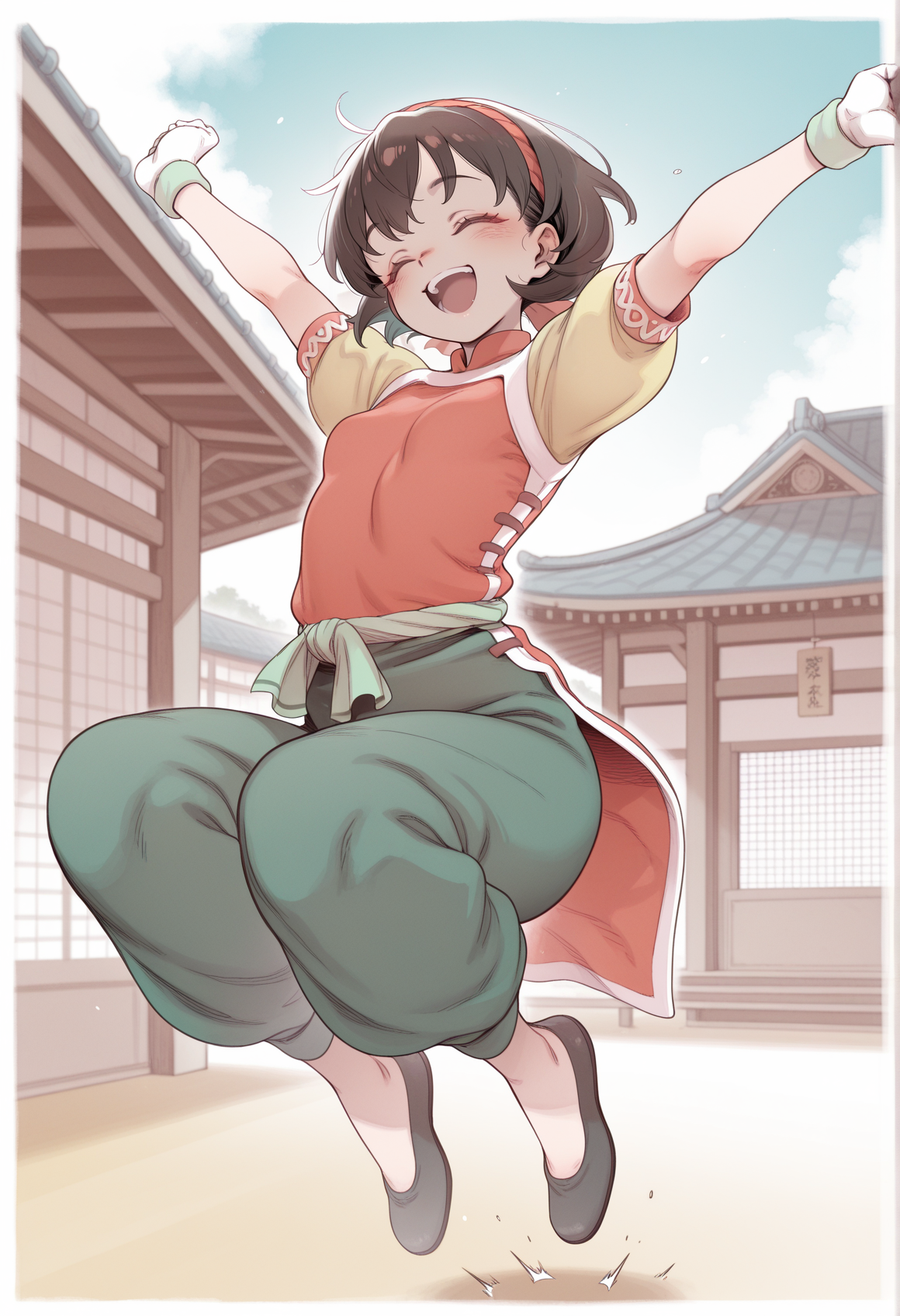 nurami \(shouji\), ter \(otokoter\), 1girl, short hair, brown hair, brown eyes, headband, chinese clothes, red shirt, short sleeves, yellow sleeves, puffy sleeves, green pants, green sash, dojo, white gloves, green wristbands, arms up, jumping, on air, full body, knees up, outdoors, smile, open mouth <lora:Nanami_Illus:1> small breasts, outstretched arms, closed eyes, masterpiece, best quality, amazing quality, very aesthetic, absurdres, highres, newest