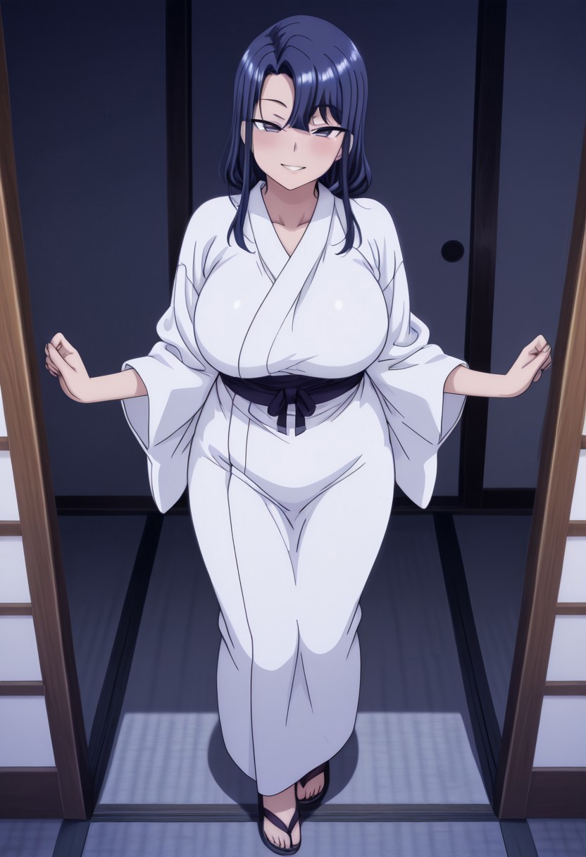 1girl,Tsubaki_Miyajima,masterpiece,amazing quality,solo,standing,looking at viewer,smiling ,blush,japanese clothes,white kimono,long sleeves,full body shot,