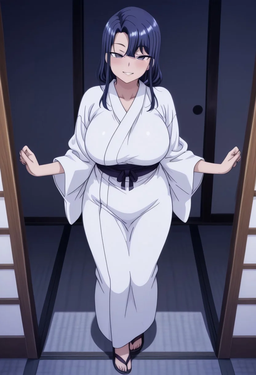 1girl,Tsubaki_Miyajima,masterpiece,amazing quality,solo,standing,looking at viewer,smiling ,blush,japanese clothes,white kimono,long sleeves,full body shot,