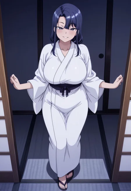 1girl,Tsubaki_Miyajima,masterpiece,amazing quality,solo,standing,looking at viewer,smiling ,blush,japanese clothes,white kimono,long sleeves,full body shot,