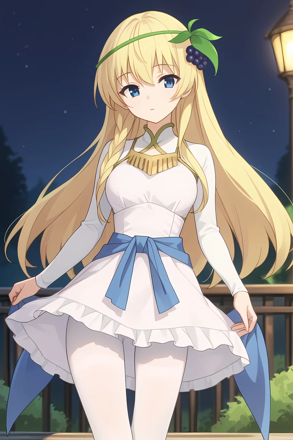 (long white dress blue waist ribbon white pantyhose:1.40), ks-iris, blonde hair, long hair, blue eyes, hair ornament, necklace, 1girl, solo, skinny, score_9, score_8_up, score_8, score_7_up, score_7, score_6_up, score_6, score_5_up, score_5, source_anime, (horny:1.10), night sky outdoors, (standing:1.20), (:1.20), feet, <lora:ks-iris-V01-000003:1.00> medium breasts