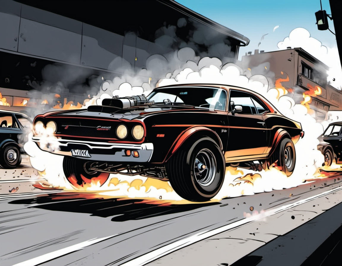 breathtaking graphic novel illustration of a car doing a burnout <lora:Graphic_Novel_Illustration-000007:1>