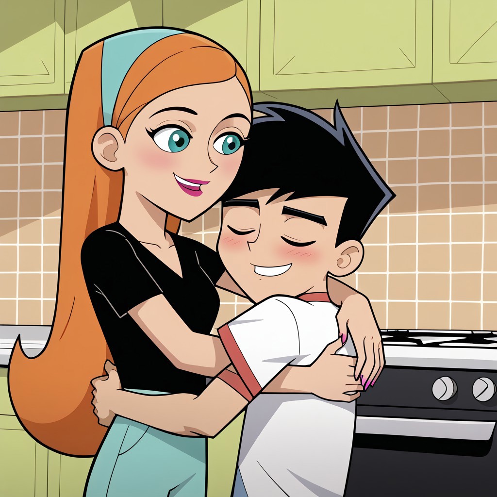 best quality, masterpiece, break, danjaz, (1boy, danny), (1girl, jazz), siblings, hug, kitchen