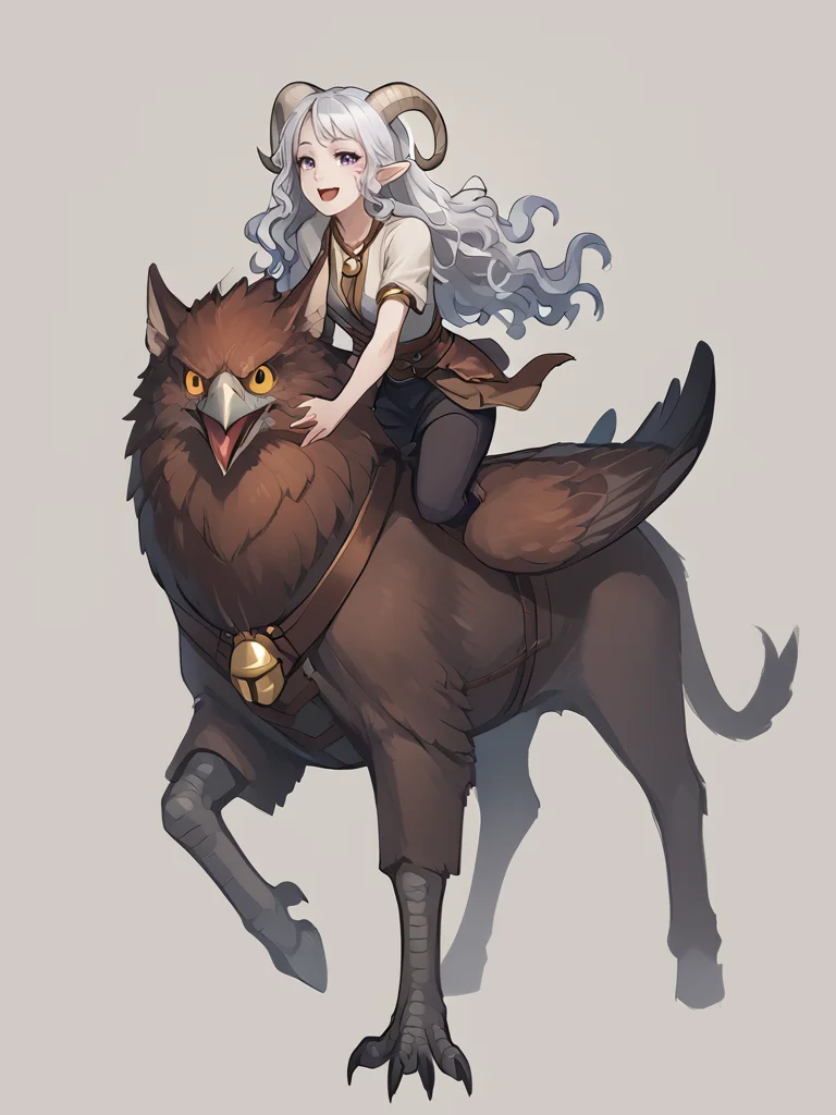 source_furry, score_7_up, rating_safe, source_anime, anime face, <lora:whisker_markings:0.8>red whisker_markings, silver long wavy hair, bell necklace, short pointy ears, purple eyes, <lora:age_slider_v4:0.6> full body, close up, 
<lora:Test_Diana:0.9> tiefling_bard_diana griffin, riding griffin, <lora:Tieflingnew weird fantasyDND:0.3><lora:Smooth Style 2 SDXL_LoRA_Pony Diffusion V6 XL:0.3> smile, open eyes, <lora:INKxXmo shaded face:0.7> Shaded FaceINKxXmo Dark Theme, <lora:griffin:1>