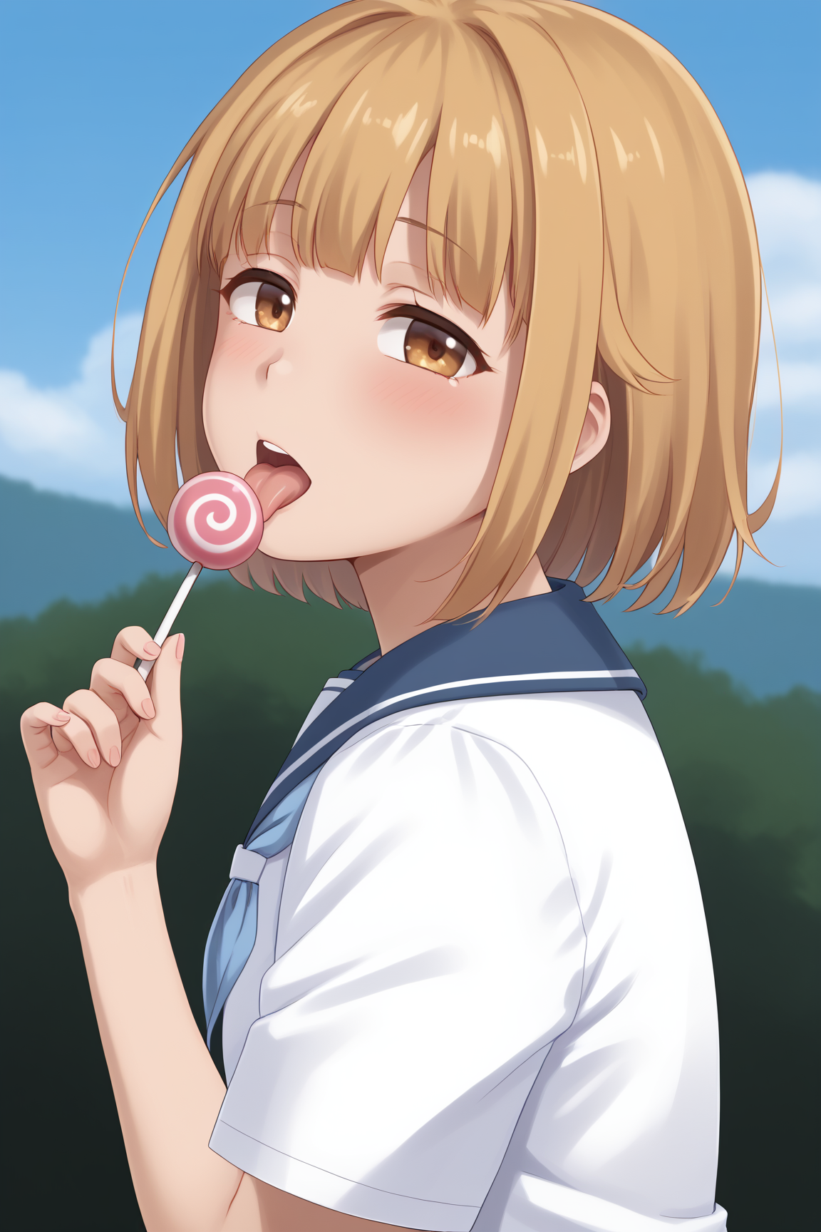 zPDXLpg, 1girl, solo, half-closed eyes, blush, tongue out, licking lollipop using tongue, seductive, upper body, focus face, young, from side,
 <lora:tsurugi_hina_XL-bf16-pony-v1:1> tsurugi hina, school uniform, <lora:hand 4:1> Hand, five fingers,,