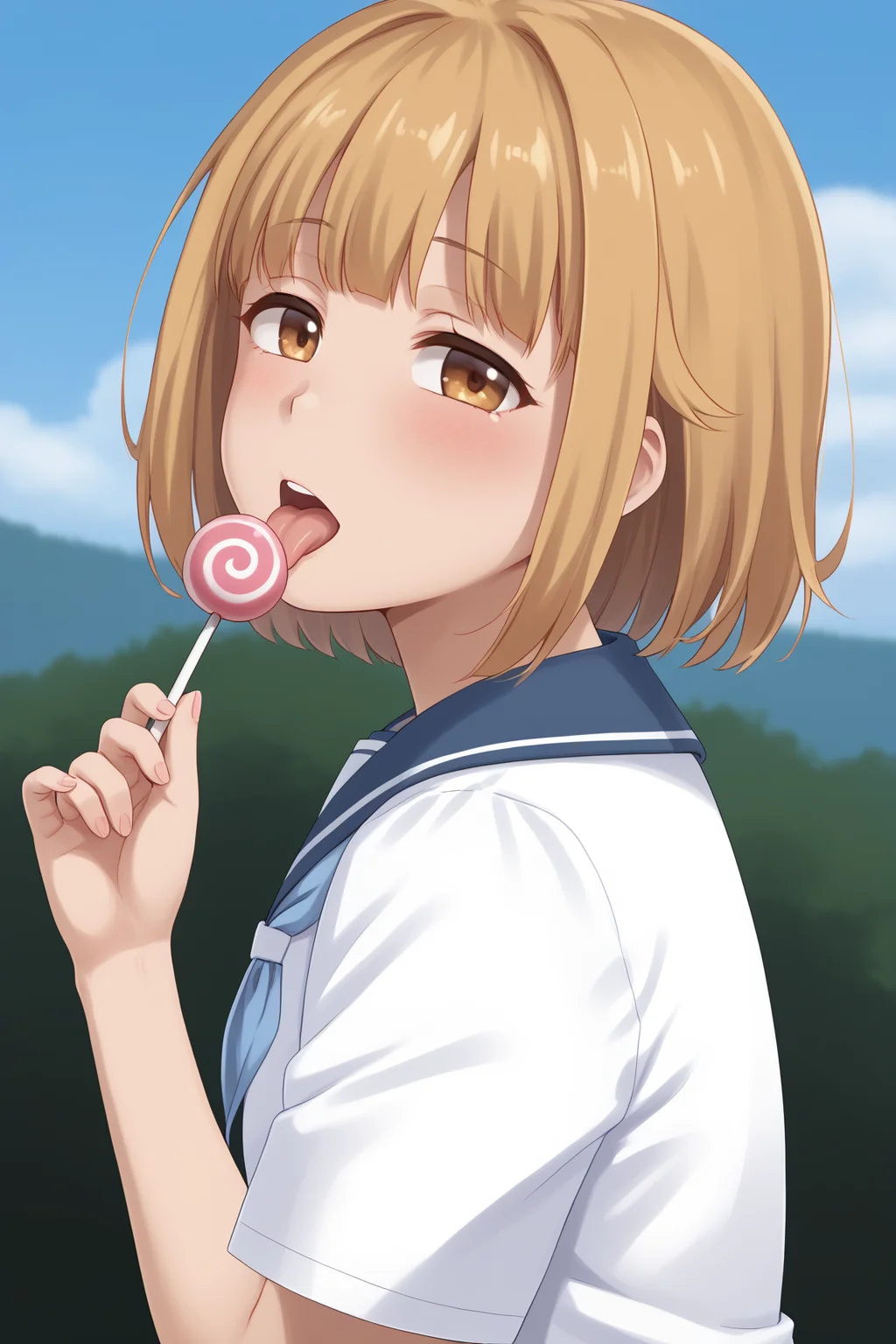 zPDXLpg, 1girl, solo, half-closed eyes, blush, tongue out, licking lollipop using tongue, seductive, upper body, focus face, young, from side,
 <lora:tsurugi_hina_XL-bf16-pony-v1:1> tsurugi hina, school uniform, <lora:hand 4:1> Hand, five fingers,,