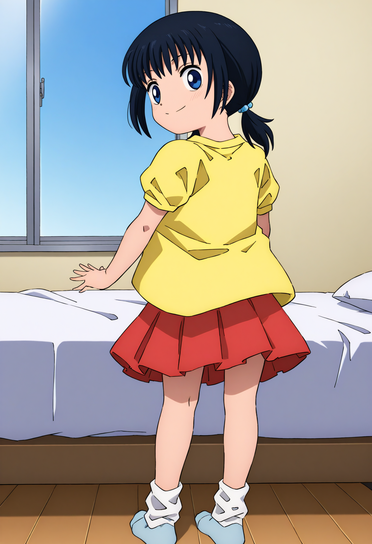 best hands, <lora:sakamoto_oyako_IL1.1:1> looking at viewer, closed mouth, smile, from behind, looking back, 
sakamoto_oyako, anime_style, hana, 1girl, solo, daughter, short hair, black hair, short low twintails,
short sleeves, pleated red skirt, white socks, yellow shirt, 
BREAK indoors, bedroom, bed, window,
