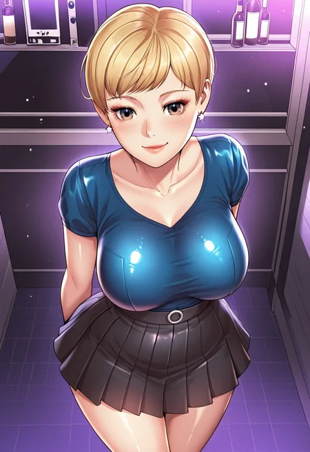1girl, solo, (( <lora:workplace_romance_style:1> , workplace_romance_style , seo_da-jung, beautiful blonde hair, beautiful cute short hair, bangs, huge and shaggy breasts, thin waist, wide hips, beautiful skin, natural beauty, extraordinary beautiful woman, attractive woman, super sexy woman, lustful body, sexy woman with seductive obscene body, sensual body, voluptuous body, sexy beauty, )) , makeup, ((sexy cut-out short-sleeves blue top, black pleated short skirt, white star-shape earring, )) , indoors, shiny clothes, shiny skin, night club, erotic bar, classy decorations, cowboy shot, from above, looking at viewer, hands behind back, (detailed face, detailed eyes), delicate features, soft lighting, seducative smile, cute and sexy, very detailed, high detailed texture, uncensored, rare view,