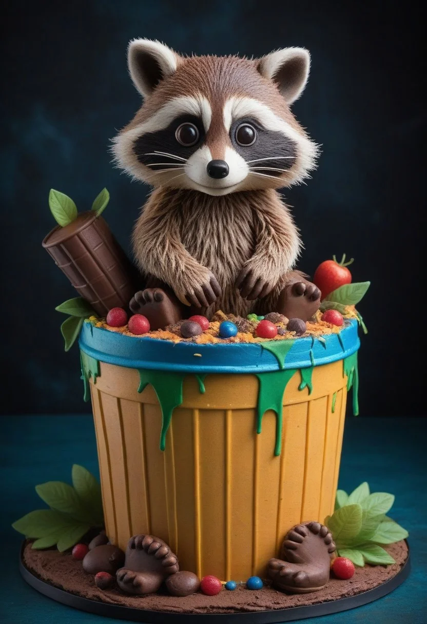 a vibrant colorful cake for raccoons that mimics a scene of (a cute little raccoon perched on a trash-can with large google eyes; detailed fluffy fur; cute little paws, and fluffy tail) made of (ais-lmnsgr; chocolate;), it has river, burger, trees, mountains.