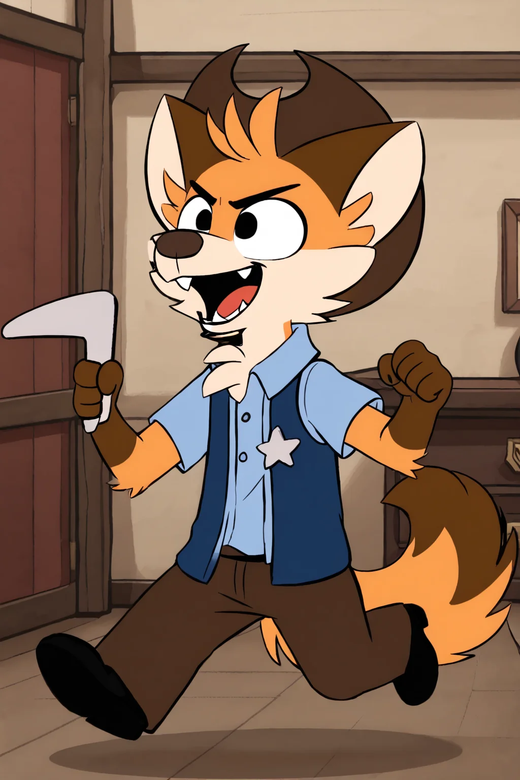 toddhayseed, furry male, fox boy, body fur, orange fur, two-tone fur, short hair, fox ears, black eyes, animal nose, chest tuft, fox tail, cowboy hat, light blue shirt, collared shirt, short sleeves, blue vest, open vest, sheriff badge, brown pants, black shoes, 1boy, solo, full body, holding boomerang, saloon background, indoors, smiling, mouth open, fangs, running, Expressiveh