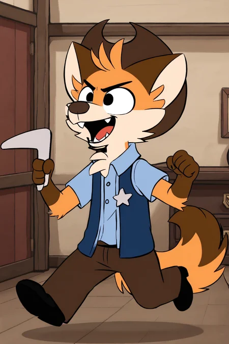 toddhayseed, furry male, fox boy, body fur, orange fur, two-tone fur, short hair, fox ears, black eyes, animal nose, chest tuft, fox tail, cowboy hat, light blue shirt, collared shirt, short sleeves, blue vest, open vest, sheriff badge, brown pants, black shoes, 1boy, solo, full body, holding boomerang, saloon background, indoors, smiling, mouth open, fangs, running, Expressiveh