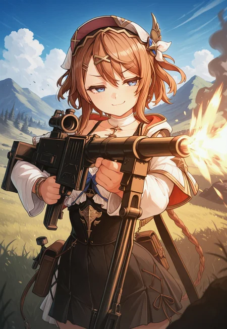 masterpiece, best quality, very aesthetic, absurdres,1girl, resna sternenlicht, atelier \(series\), smug smile, light smile, aiming a vkrsmmg medium machine gun weapon, outdoor, open field, muzzle flash, smoke, ammo castings, 