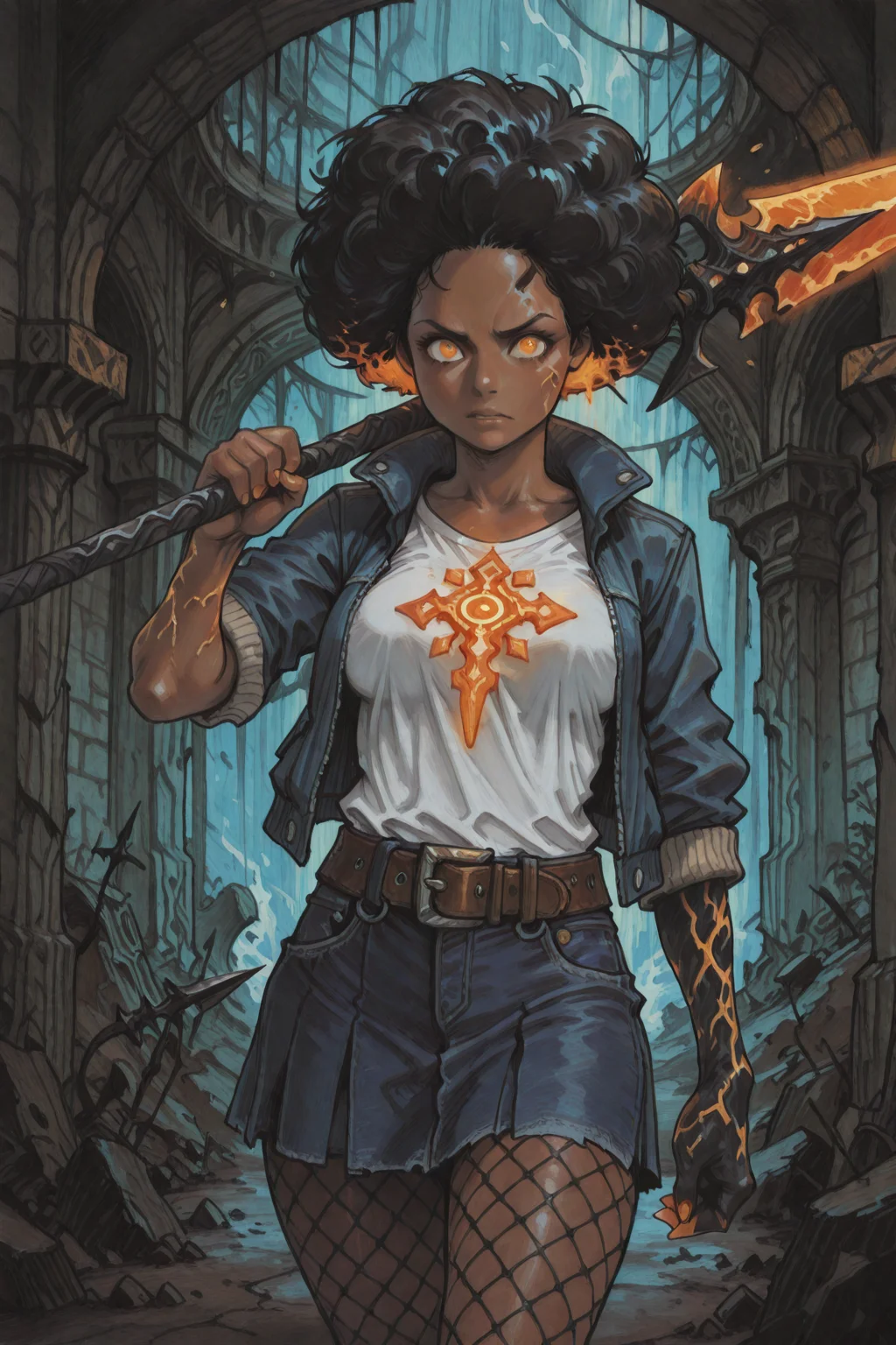 masterpiece, best quality, amazing quality, very aesthetic, absurdres, explicit, fantasy, painterly, scenery, T1th1, rakugakingu, bdbgil BREAK 1girl, solo, (detailed_face:1.2), afro, glowing hair, black hair, blue jeans jacket, t-shirt, skirt, fishnet tights, orange eye, ebony, dark-skinned female, glowing orange runes, massive spear, glowing spear, athletic, holding weapon, weapon over shoulder, belt
