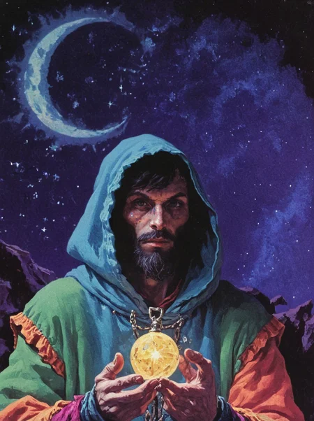 1970's dungeons and dragons dark fantasy artstyle, a slender merchant, face hideen behind hooded shadow, dressed in bright and colorful clothing, holding an amulet, starry sky , grain, cinematic, realistic, photo <lora:dark_fantasy:1>