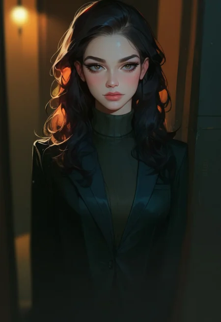 score_9, score_8_up, score_7_up, score_6_up, score_5_up, score_4_up,1girl, turtleneck sweater, black sweater, pale skin, semi-realism, medium breasts, tight clothes, dark narrow corridor, black latex gloves, formal suit, black suits, black hair, great artist, 8k, black formal jacket, shadows, cinematic scene, depth of field, long eyelashes, sharp eyebrows, sexy, seductive, Noise effect, old movie effect, old time, black eyeliner, 1980s style, long hair, straight slick hair, realistic smooth hair,