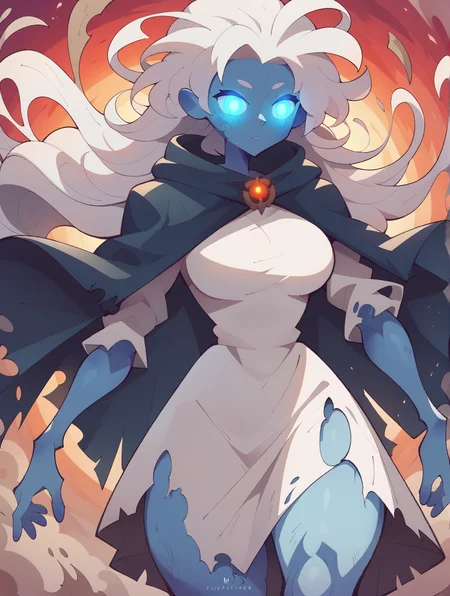 score_9, score_8_up, score_7_up, score_6_up, BREAK,<lora:Fliph_Pony_Style:1>, 1girl, solo, large breasts, cowboy shot, <lora:add-detail-xl:.5>, spectre, white hair, colored skin, blue skin, glowing, glowing eyes, torn clothes, white clothes, floating hair, aura, cloak, dress