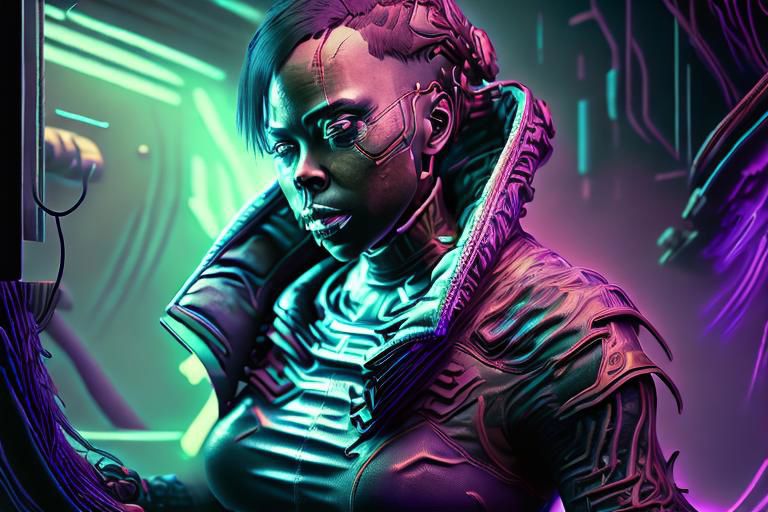 1 adult woman, upper body, 
CyberMamanBrigitte, headphones, goggles,partially submerged in watertube,  (catsuit, CircuitBoardAI) 
AND, GlowingRunes_paleblue, , GlowingRunes_purple, interior of cyberpunk nethacker workshop, detailed