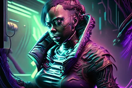 1 adult woman, upper body, 
CyberMamanBrigitte, headphones, goggles,partially submerged in watertube,  (catsuit, CircuitBoardAI) 
AND, GlowingRunes_paleblue, , GlowingRunes_purple, interior of cyberpunk nethacker workshop, detailed