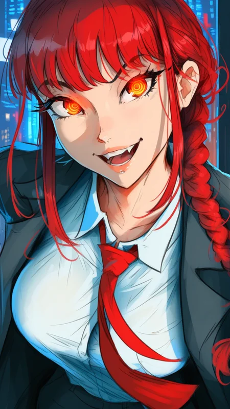 samdoesarts, afrobull, Khyle, anninosj, cutesexyrobutts, CarmesJocelin, elliemaplefox, sei5osuzuki, score_9, score_8_up, score_7_up, i want the whole image to be created in 3D anime style, 1girl, solo, long hair, looking at viewer, smile, open mouth, bangs, shirt, red eyes, jacket, white shirt, braid, sidelocks, red hair, necktie, teeth, fang, collared shirt, eyelashes, glowing, formal, suit, red necktie, portrait, glowing eyes, braided ponytail, ringed eyes, makima (chainsaw man)