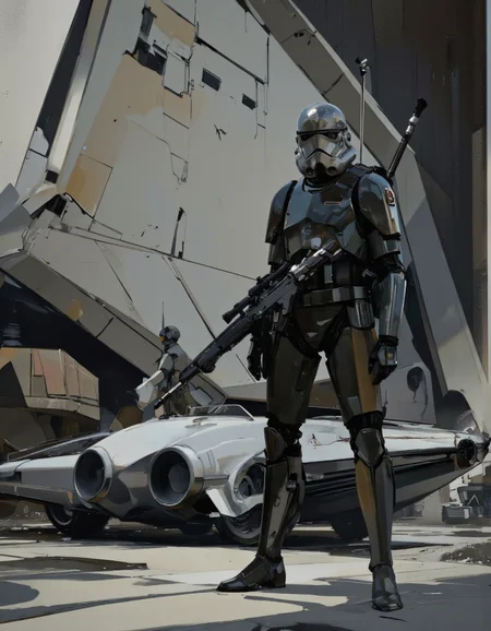 Art by Richard Anderson. A digital illustration shoot from a front camera angle about a futuristic robot standing in front of a futuristic vehicle with a sleek, metallic design. the image also shows a stormtrooper standing in the middle of the image, wearing a full-body armor and holding a rifle, in a dynamic pose. the scene is set in a futuristic cityscape with a large, angular vehicle in the background, featuring a mix of abstract shapes and textures in shades of grey and white. the robot is positioned in the center of the frame, facing the viewer, with its sleek, futuristic design standing out against the blurred background. the overall mood is intense and dynamic, with a focus on the intricate details of the robot's armor and the futuristic design of the vehicle.
