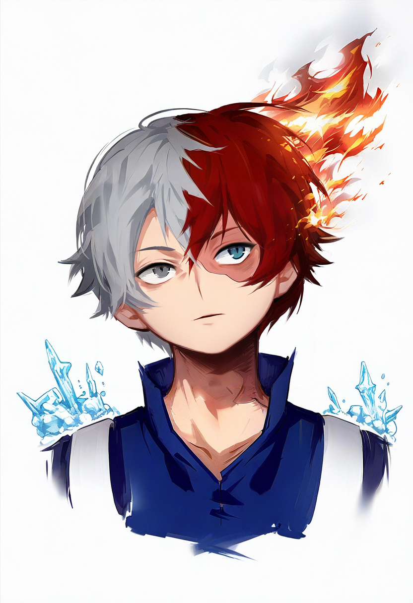 todoroki shouto, 1boy, male focus, red hair, burn scar, multicolored hair, scar, split-color hair, solo, two-tone hair, scar on face, heterochromia, white hair, white background, blue eyes, fire, portrait, grey eyes, looking at viewer, short hair, simple background, hair between eyes, bangs, ice, parted lips <lora:solaXL_NBVP1_lokr_V6311PZ:0.95>