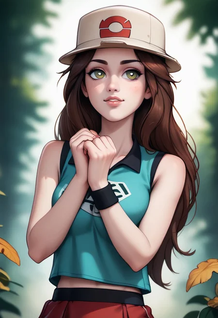 score_9, score_8_up, score_7_up, score_6_up, PRSNL_3_1, uncensored, pupils black dots, lips,
upper body, best quality, masterpiece, 4k, realistic, warm light,
LeafPony, leaf (pokemon), long hair, brown hair, brown eyes,
white headwear, porkpie hat, blue shirt, sleeveless shirt, red skirt, miniskirt, pleated skirt, wristband, black wristband, shoes, socks,