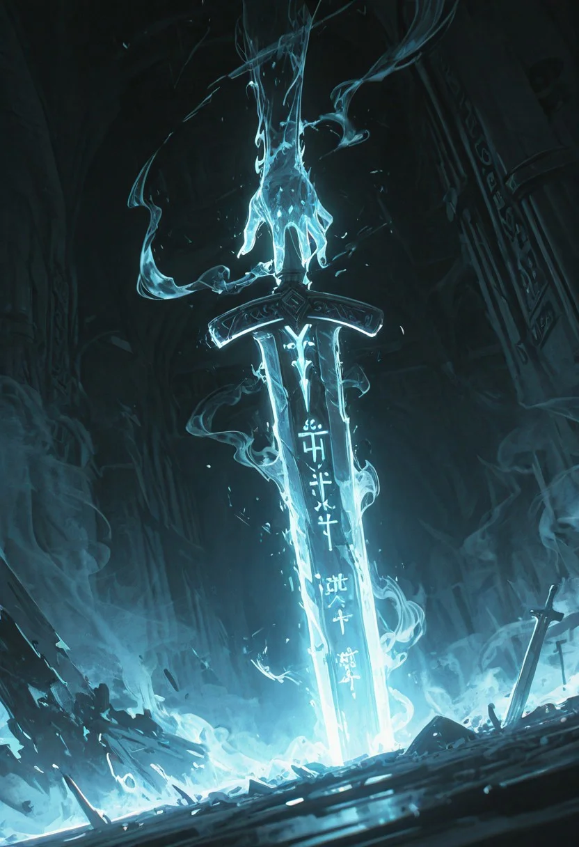 dynamic angle, unusual angle, dynamic, dynamic composition,
In the dim, flickering light, a shadowy figure emerges, its presence cloaked in an air of mystery. Slowly, it reaches out toward the hilt of the shattered runic sword, its movements deliberate yet hesitant. The ancient engravings on the hilt begin to pulse faintly, glowing like a dying ember, their light casting eerie shadows across the figure’s outstretched hand. The closer it gets, the air grows colder, heavy with an otherworldly presence. From the jagged break in the blade, spectral wisps begin to unfurl, curling and twisting like smoke, their forms coalescing into ghostly faces etched with agony. Whispers fill the air—soft at first, but rising into a cacophony of tormented wails. The figure’s hand trembles as its fingers hover just above the hilt, as though sensing the weight of the cursed power it is about to claim. Finally, with a sharp intake of breath, the hand closes around the sword. The runes ignite with a blinding light, and the escaping souls recoil, writhing in both fear and fury.