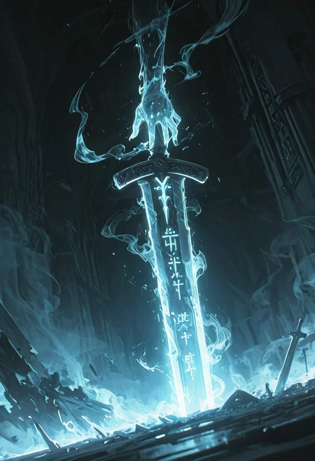 dynamic angle, unusual angle, dynamic, dynamic composition,
In the dim, flickering light, a shadowy figure emerges, its presence cloaked in an air of mystery. Slowly, it reaches out toward the hilt of the shattered runic sword, its movements deliberate yet hesitant. The ancient engravings on the hilt begin to pulse faintly, glowing like a dying ember, their light casting eerie shadows across the figure’s outstretched hand. The closer it gets, the air grows colder, heavy with an otherworldly presence. From the jagged break in the blade, spectral wisps begin to unfurl, curling and twisting like smoke, their forms coalescing into ghostly faces etched with agony. Whispers fill the air—soft at first, but rising into a cacophony of tormented wails. The figure’s hand trembles as its fingers hover just above the hilt, as though sensing the weight of the cursed power it is about to claim. Finally, with a sharp intake of breath, the hand closes around the sword. The runes ignite with a blinding light, and the escaping souls recoil, writhing in both fear and fury.