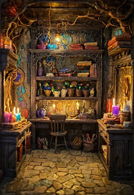 Diorama mage room , high quality, detailed background, 8k,35mm
