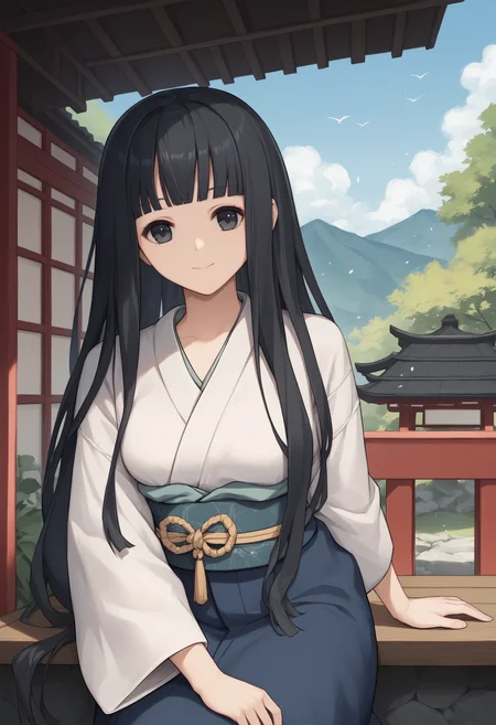 score_9, score_7_up, 1girl, Rinne, black hair, long hair, black eyes, looking at viewer, outdoors, kimono, light smile, <lora:Rinne new 2:1>