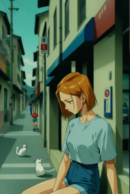 1girl, kugisaki nobara, jujutsu kaisen , (90s anime style:1.5), front view, outdoors, street view, (looking down:1.3), perfecteyes, shirt, denim shorts, (a single white cat sitting next to them) <lora:detailed_notrigger:1> <lora:ParchartXL_CODA:0.2> <lora:Isometric Cutaway:1> <lora:PerfectEyesXL:1> <lora:Surreal Harmony:0.2>