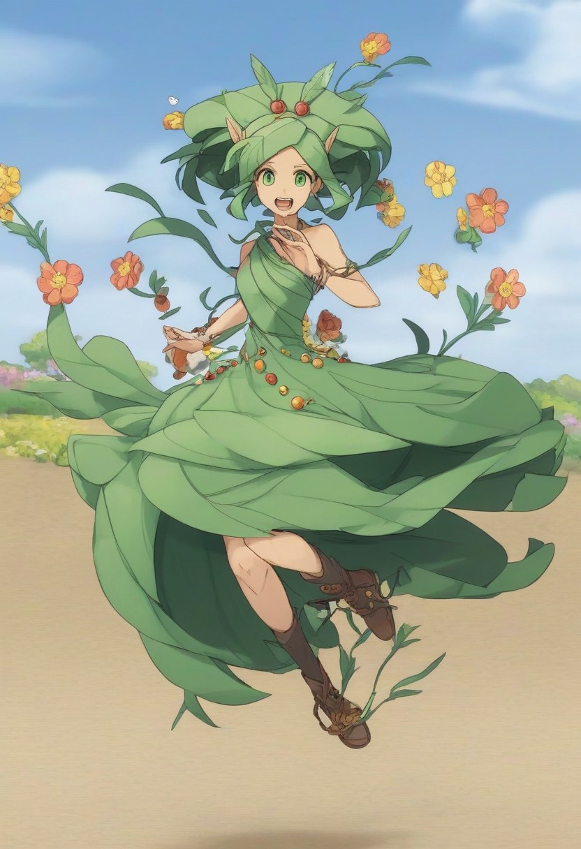 , score_9, score_8_up, score_7_up, source_anime, challua_wf, green hair, green eyes, pointy ears, green dress, tan skin, flower in hair,jumping, ecstatic , dynamic shot, high quality, cowboy shot, perfecteyes
