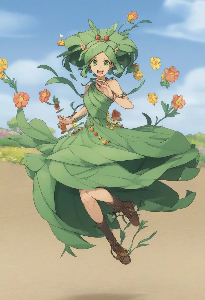 , score_9, score_8_up, score_7_up, source_anime, challua_wf, green hair, green eyes, pointy ears, green dress, tan skin, flower in hair,jumping, ecstatic , dynamic shot, high quality, cowboy shot, perfecteyes