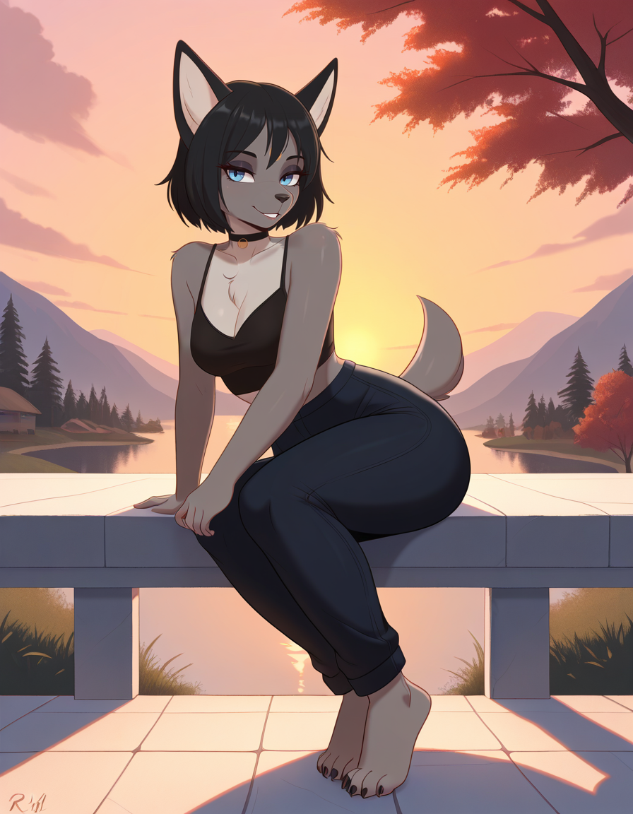 masterpiece, best quality, very aesthetic, absurdres,
outdoors,
full body, seductive smile, parted lips, long eyelashes,
<lora:Iris_v01_NAIXL:1>
1r15,1girl,solo,furry,furry female,black hair,short hair,black hair,blue eyes,animl nose,snout,choker,body fur,grey fur,tail,