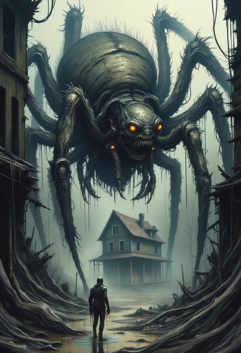 yfg-liqd, In a mist-shrouded, desolate environment, a massive, grotesque spider-like creature emerges from the gloom. Its bulbous, weathered body is covered with coarse fur and multiple glossy, glowing eyes that glint ominously in the dim light. Jagged, metallic legs pierce the damp ground as the creature prowls near a dilapidated, abandoned house with broken windows and sagging walls. The air is thick with tension, as the decayed remnants of the surroundings hint at past devastation. The atmosphere is dark and foreboding, with muted colors and surreal horror aesthetics, evoking a haunting and apocalyptic mood.