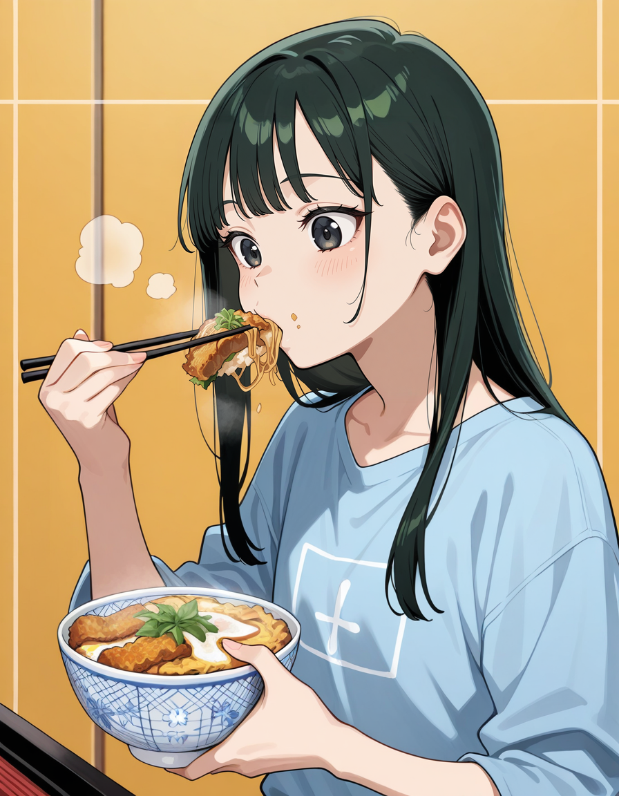 score_9, score_8_up, score_7_up, anime, solo, 1girl, one girl,
Black hair, (chest length hair:1.2), Straight Hair, bangs, one tucked behind ear, black eyes, feature large highlight, feature double highlights, shaped eyeblow,
sensitive,
<lora:donburimono:0.8>, donburimono,
eating, food, bowl, chopsticks, holding, katudon, katu, eating katudon,
(masterpiece:1.3), best quality, high resolution, unity 8k wallpaper, (illustration:1.2), 8K,