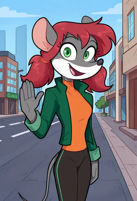 2d, illustration, high quality, absurdres, BREAK, 1girl, solo, nicky_ts, anthro, furry female, mouse ears, mouse tail, green eyes, red hair, twintails, toned female, small breasts, green jacket, orange shirt, black pants, looking at viewer, smile, open mouth, waving, standing, cowboy shot, outdoors, city, street, blue sky