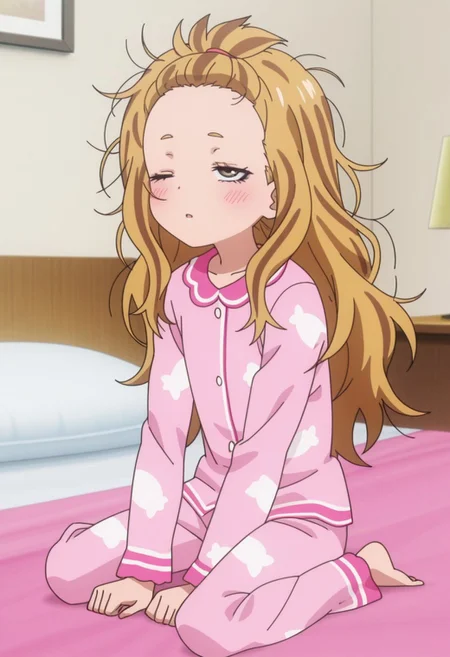 Masterpiece , best quality , amazing quality , anime screencap   ,a girl , , kkana , long hair , messy hair , pajamas , waking up , sleepy  , bedroom ,   , blonde