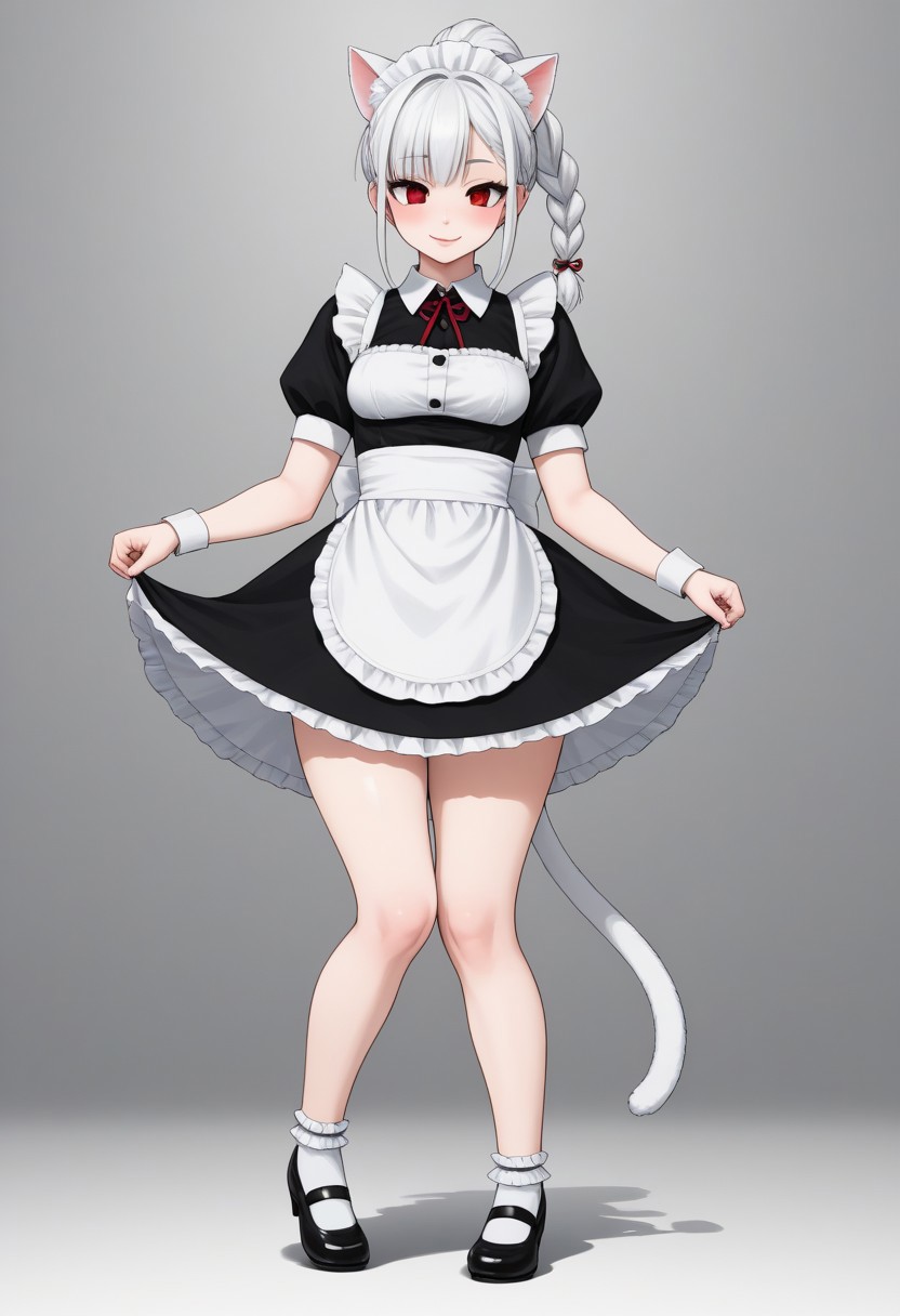 1girl, anime, Whirte hair, braid hair, bangs, ponytail, White cat ears, white cat tail,  white skin, small boobs, wide hips, maid outfit , ankle socks, red eyes, semi close eyes , smile, lipstick , blush easynegative,ng_deepnegative_v1_75t