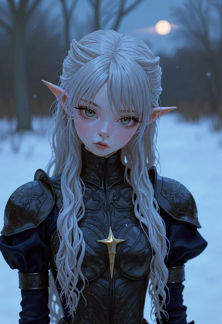 SWMS,Full body potrait, hyperrealistic detail, Rendered in a fusion of photorealism and digital surrealism, Beautiful surreal high fantasy portrait, A Female warrior with dark, ashen skin and long, long silver-white hair, intricate braids, black Armor and clothes, facing the viewer stands amidst snowflakes, ethereal and otherworldly presence, with sharp, elf-like ears and adorned in elaborate, dark armor with detailed engravings and metallic patterns. Her expression is somber and introspective as she sits quietly, her eyes are silver, in a cold and desolate landscape under a dim, moonlit sky. Her armor is very detailed with decorations, giving her an air of nobility, Real sharp photo, snowing, snowflakes in the air, blurred background, rose gold minerals, shiny aura, highly detailed, Kirnan Shipka, Januz Miralles, Hikari Shimoda, glowing stardust by W. Zelme. The overall effect is breathtaking and truly captivating, shimmering skin that glows like the night sky, long, hair adorned with tiny, glowing stars, deep, cosmic eyes, ethereal hues, mysterious and enchanting expression, dreamlike and mystical atmosphere, RAW candid cinema, 16mm, color graded portra 400 film, remarkable color, ultra realistic, textured skin, remarkable detailed pupils, realistic dull skin noise, visible skin detail, skin fuzz, dry skin, shot with cinematic camera, detailed skin texture, (blush:0.2), (goosebumps:0.3), subsurface scattering, detailed drawing <lora:FLUX - SWMSF - Styles for FLUX ( detailed drawing, swms ):1> <lora:FLUX - Surreal_Photo (Glitter):0.6>